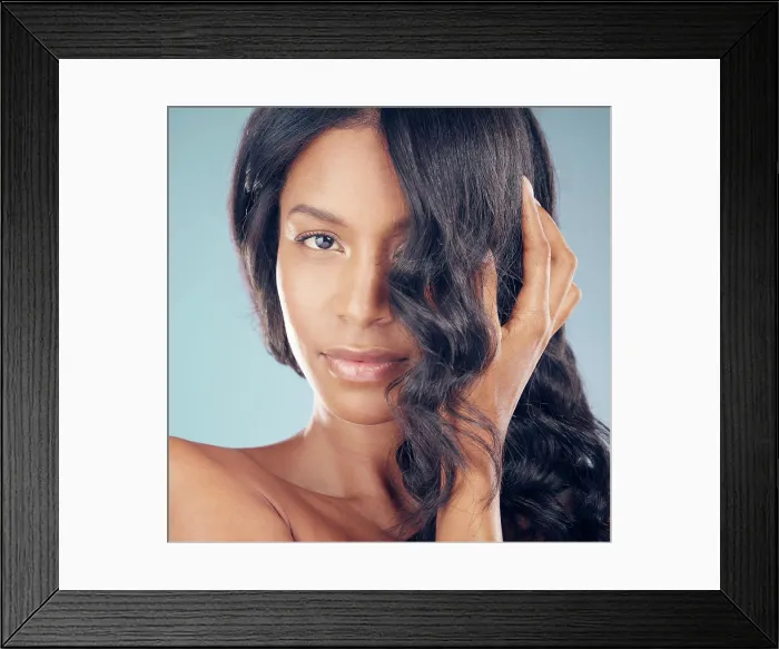 Framed Print : Closeup, curly hair or portrait of woman in studio or salon for keratin growth Framed Print : Closeup, curly hair or portrait of woman in studio or salon for keratin growth
