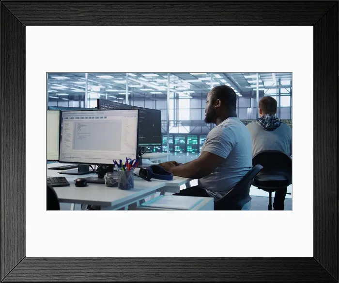 Framed Print : Engineer writing code and doing checkup on server room providing computing resources for different workloads