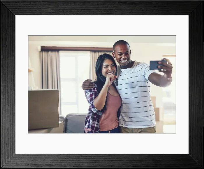 Framed Print : Couple, selfie and keys in new home for moving
