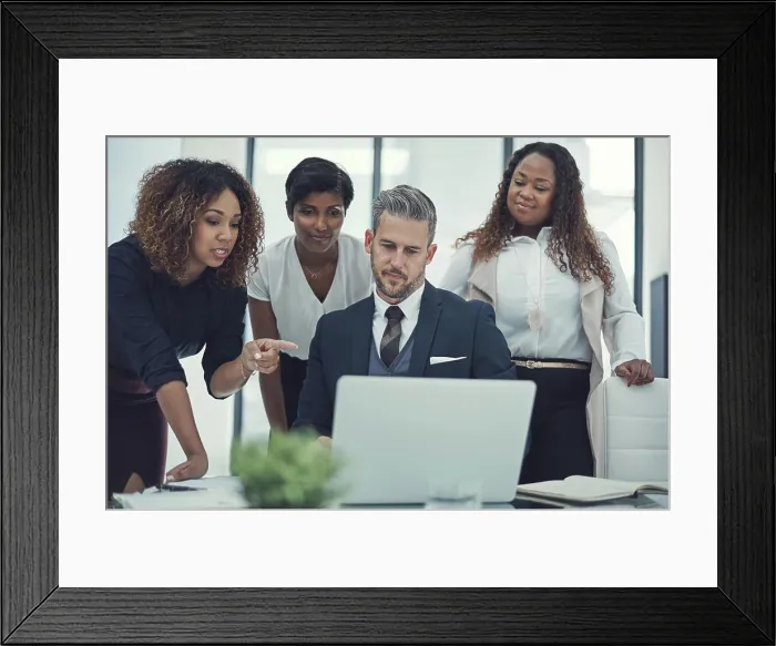 Framed Print : Pointing, discussion or business people in meeting with laptop for project Framed Print : Pointing, discussion or business people in meeting with laptop for project