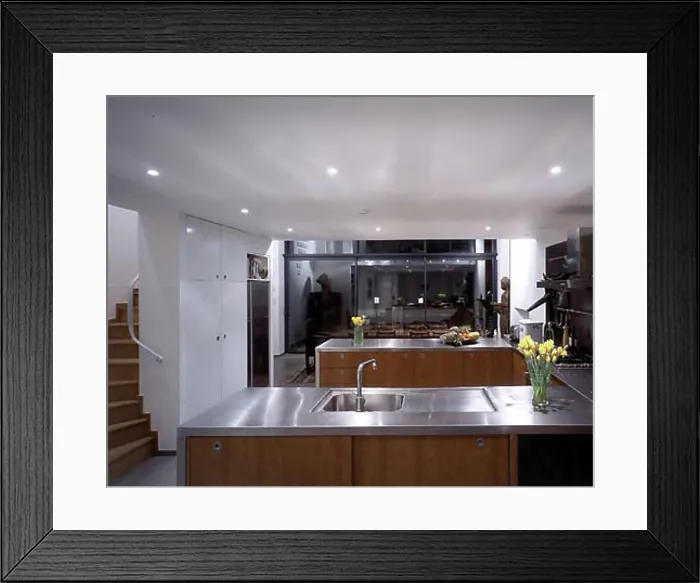 Framed Print : droga house basement kitchen, stairs to first floor
