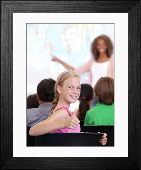 Framed Print : Thumbs up, classroom and child portrait for happy learning Framed Print : Thumbs up, classroom and child portrait for happy learning