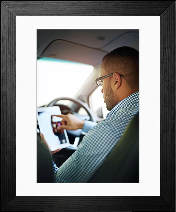 Framed Print : Car, driving and man with tablet screen for navigation Framed Print : Car, driving and man with tablet screen for navigation
