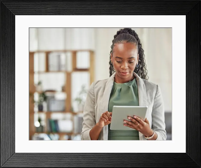 Framed Print : Black woman, tablet and planning in office for business information