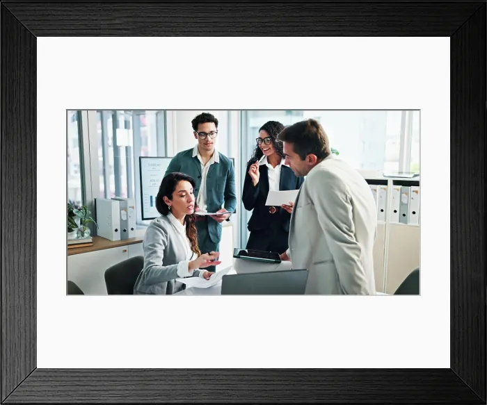 Framed Print : Meeting, document or business people with shareholders in discussion for planning or capital growth