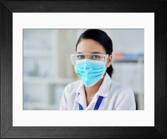 Framed Print : Science, woman and face mask with goggles working on medical research Framed Print : Science, woman and face mask with goggles working on medical research