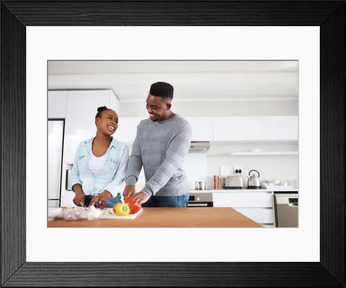 Framed Print : Black couple, help and smile with recipe Framed Print : Black couple, help and smile with recipe