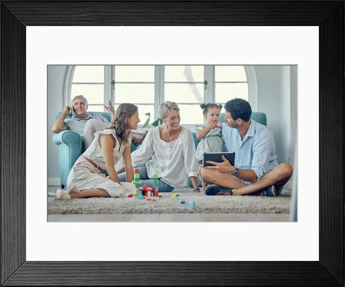 Framed Print : Family, love and digital tablet on floor with baby Framed Print : Family, love and digital tablet on floor with baby