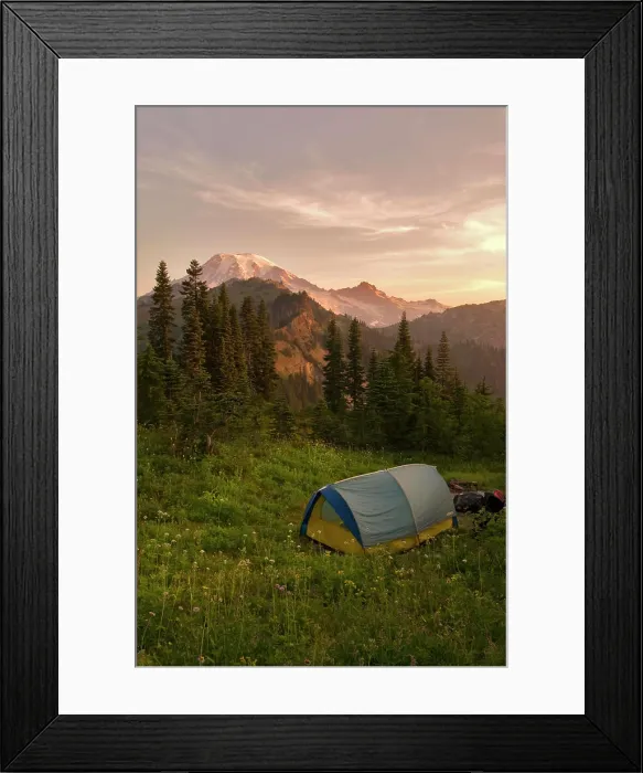 Framed Print : Blue backpacking tent in the Tatoosh Wilderness with a view of snow covered Mt. Rainier in Washington State, U.S.A Framed Print : Blue backpacking tent in the Tatoosh Wilderness with a view of snow covered Mt. Rainier in Washington State, U.S.A