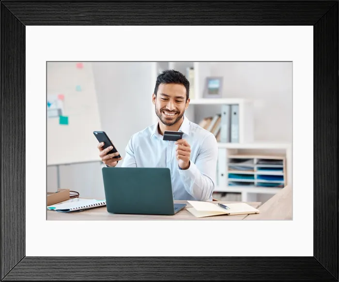 Framed Print : Phone shopping, credit card and business man finance payment with smartphone Framed Print : Phone shopping, credit card and business man finance payment with smartphone