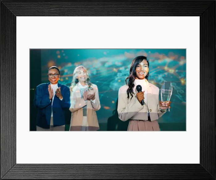 Framed Print : Business woman, winning and trophy for presentation with achievement