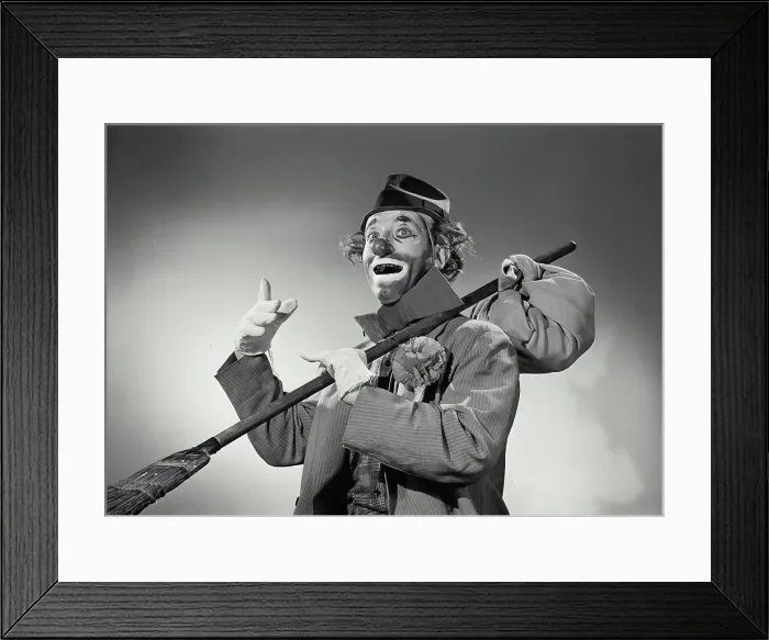 Framed Print : Vintage Photograph. Hobo clown with sack tied to broomstick Framed Print : Vintage Photograph. Hobo clown with sack tied to broomstick