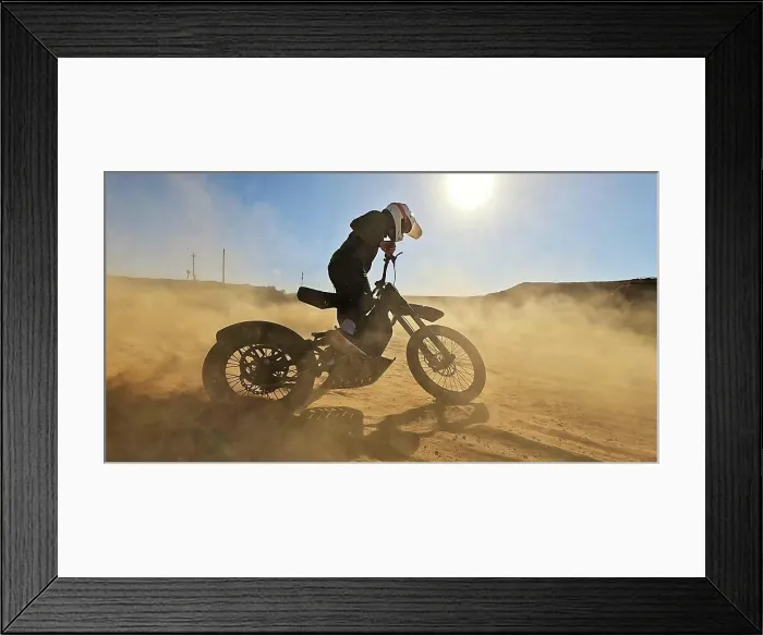 Framed Print : Person, motorbike and driving on sand for sports with power speed of training Framed Print : Person, motorbike and driving on sand for sports with power speed of training