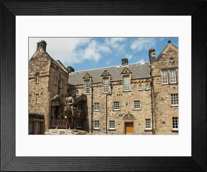 Framed Print : Scotland, Edinburgh. Historic Edinburgh Castle. Statue of Earl Haig in front of hospital building