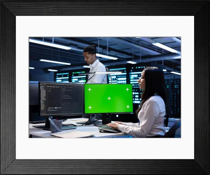 Framed Print : Developer coworkers using mockup laptop to check server clusters configuration settings Framed Print : Developer coworkers using mockup laptop to check server clusters configuration settings