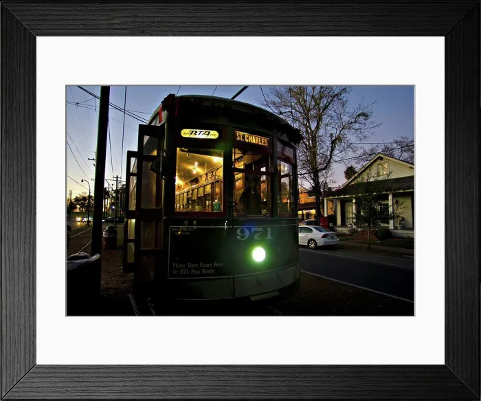 Framed Print : Tram at dusk in a city, New Orleans, Louisiana, USA Framed Print : Tram at dusk in a city, New Orleans, Louisiana, USA