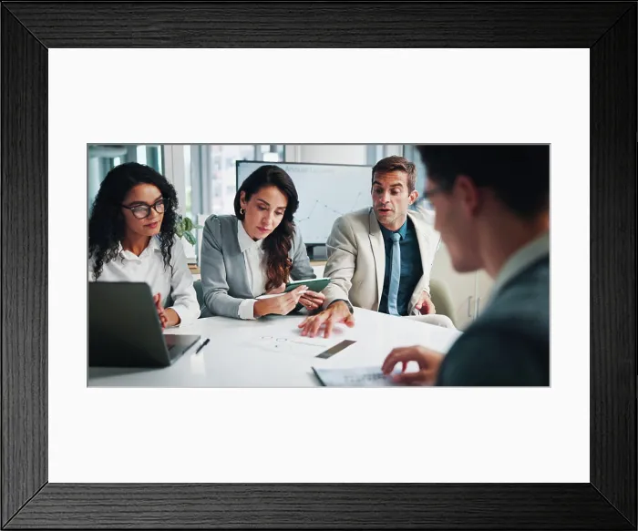 Framed Print : Finance, documents or business people with shareholders in discussion for planning Framed Print : Finance, documents or business people with shareholders in discussion for planning