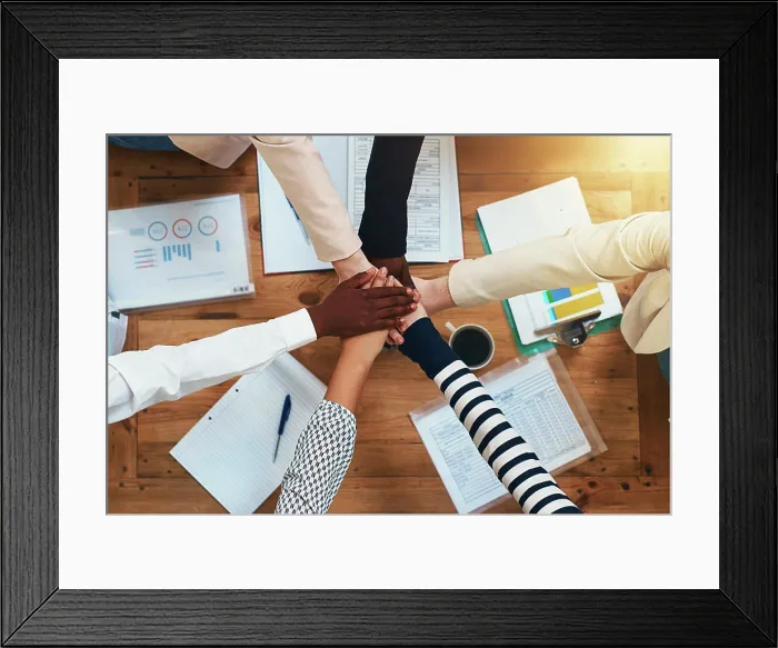 Framed Print : Top view, business and hands with teamwork Framed Print : Top view, business and hands with teamwork
