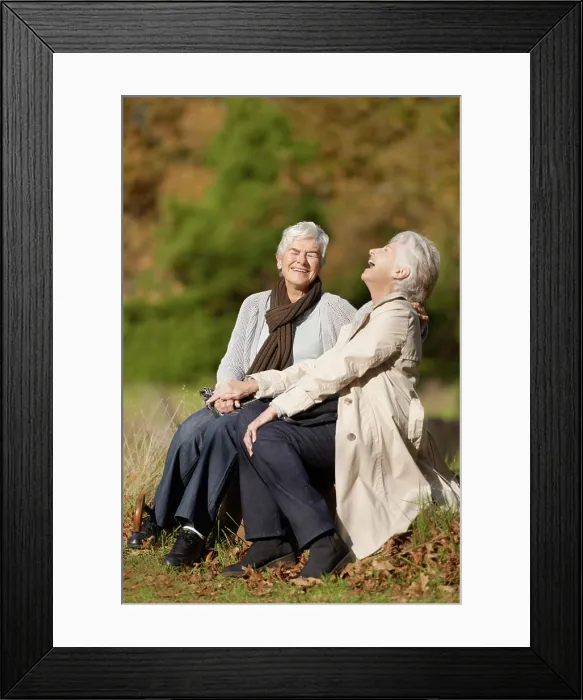 Framed Print : Senior friends, laughing or conversation in nature for travel
