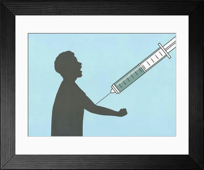 Framed Print : Large vaccination syringe injecting arm of screaming man Framed Print : Large vaccination syringe injecting arm of screaming man
