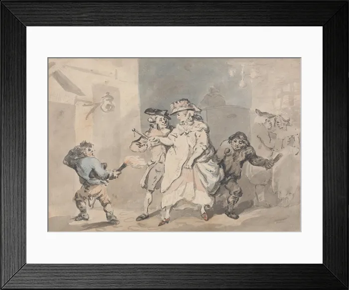 Framed Print : The Inn Door (A Man escorted by two link boys to a door to the left) Framed Print : The Inn Door (A Man escorted by two link boys to a door to the left)
