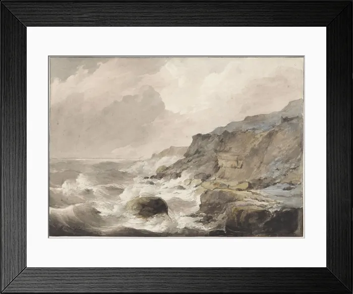 Framed Print : Rock coast at Boulogne sur Mer, draughtsman: Petrus Johannes Schotel, 1829, paper, brush, h 225 mm × w 320 mm