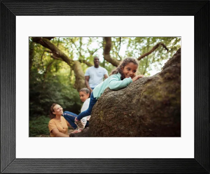 Framed Print : Happy family climbing tree in woods Framed Print : Happy family climbing tree in woods