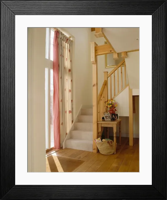 Framed Print : Grey carpet on open wooden staircase in modern white hall Framed Print : Grey carpet on open wooden staircase in modern white hall