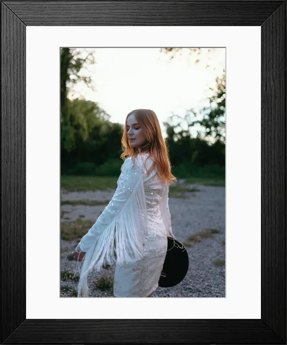 Framed Print : cool cowgirl at dusk in fringe party dress in southern Illinois Framed Print : cool cowgirl at dusk in fringe party dress in southern Illinois