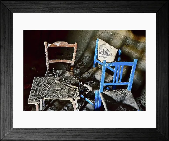Framed Print : Three chairs, blue chairs, chairs with newspaper, old chairs, Marodes, Andalusia, Spain, Europe Framed Print : Three chairs, blue chairs, chairs with newspaper, old chairs, Marodes, Andalusia, Spain, Europe