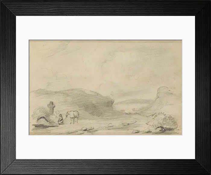 Framed Print : Hilly landscape with a kneeling figure for a cross Framed Print : Hilly landscape with a kneeling figure for a cross