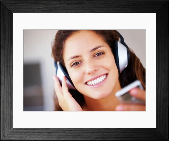 Framed Print : Music headphones, player and portrait with woman listening to playlist track Framed Print : Music headphones, player and portrait with woman listening to playlist track