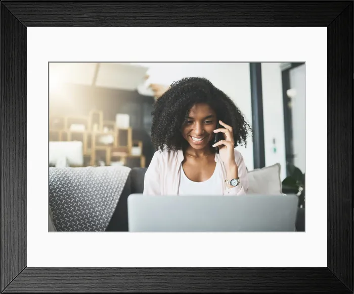 Framed Print : Remote work from home, phone call and black woman with computer Framed Print : Remote work from home, phone call and black woman with computer