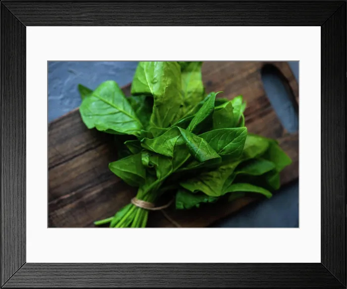 Framed Print : Organic food concept Organic food concept with bunch of fresh raw spinach herb on concrete background with copy space