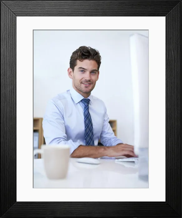 Framed Print : Businessman, portrait and smile at computer in office for as online researcher