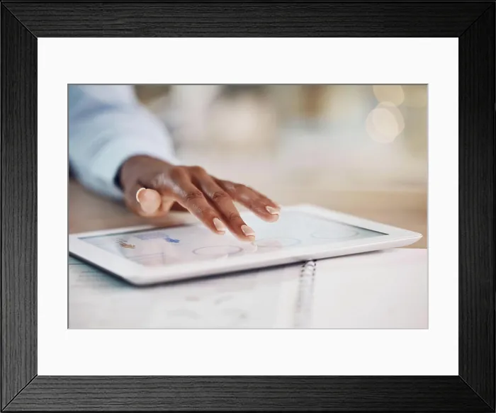 Framed Print : Hands, tablet and finance with the hand of a business woman working online in her office at work