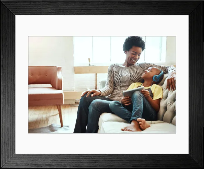 Framed Print : Tablet, relax and black family of kid Framed Print : Tablet, relax and black family of kid