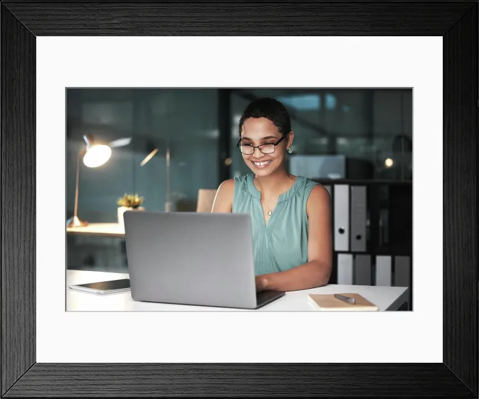 Framed Print : Office laptop, night and black woman reading finance portfolio feedback