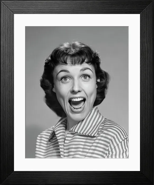 Framed Print : 1950s 1960s WOMAN BRUNETTE SMILING LAUGHING MOUTH OPEN WIDE HAPPY FUNNY FACE LOOKING AT CAMERA WEARING STRIPED BLOUSE Framed Print : 1950s 1960s WOMAN BRUNETTE SMILING LAUGHING MOUTH OPEN WIDE HAPPY FUNNY FACE LOOKING AT CAMERA WEARING STRIPED BLOUSE