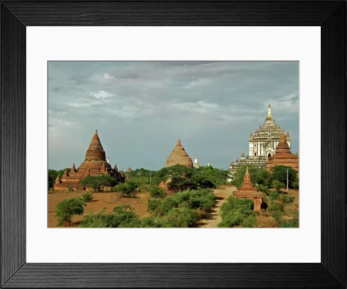 Framed Print : Myanmar, Bagan, Buddhist temple-packed vast arid plain of Pagan among bushes