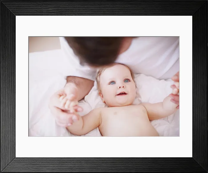 Framed Print : Bed, dad and relax with baby in home for relationship Framed Print : Bed, dad and relax with baby in home for relationship
