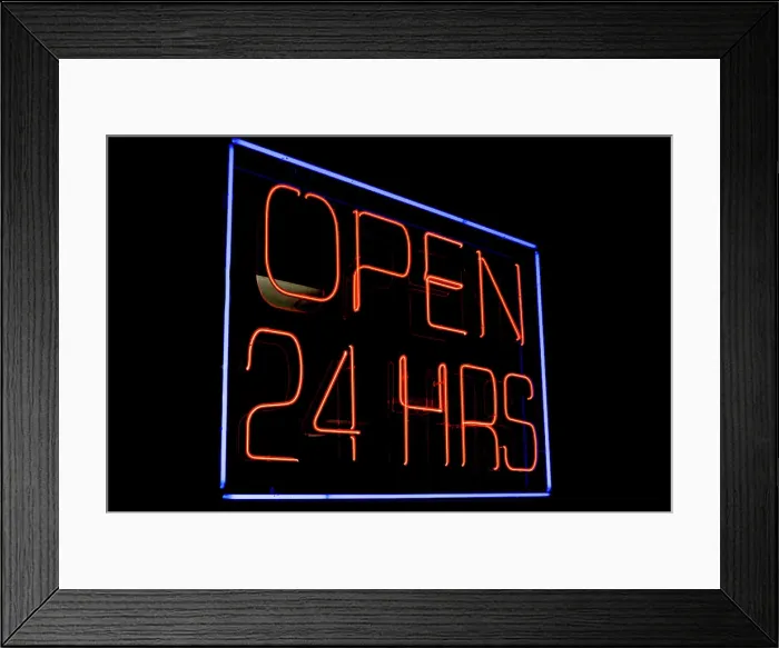 Framed Print : Inscription open 24 hrs in bright neon sign in dark in United States of America