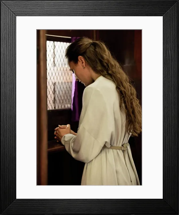 Framed Print : Christian woman, church and confessional Framed Print : Christian woman, church and confessional