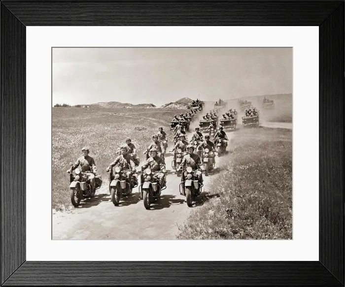 Framed Print : 1940s US ARMY RECONNAISSANCE MOTORCYCLE SOLDIERS LEADING CONVOY OF JEEPS AND TRUCKS DURING FIELD TRAINING MANEUVERS Framed Print : 1940s US ARMY RECONNAISSANCE MOTORCYCLE SOLDIERS LEADING CONVOY OF JEEPS AND TRUCKS DURING FIELD TRAINING MANEUVERS