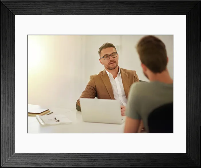 Framed Print : Businessman, laptop and interview conversation with candidate for recruitment