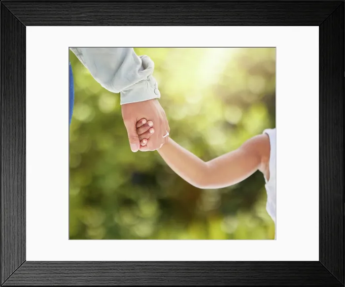 Framed Print : Parent, child and holding hands in outdoor closeup for walking park Framed Print : Parent, child and holding hands in outdoor closeup for walking park