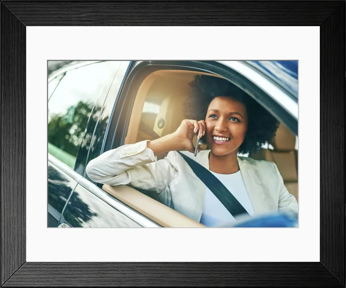 Framed Print : Business, woman and drive with phone call in car for network Framed Print : Business, woman and drive with phone call in car for network