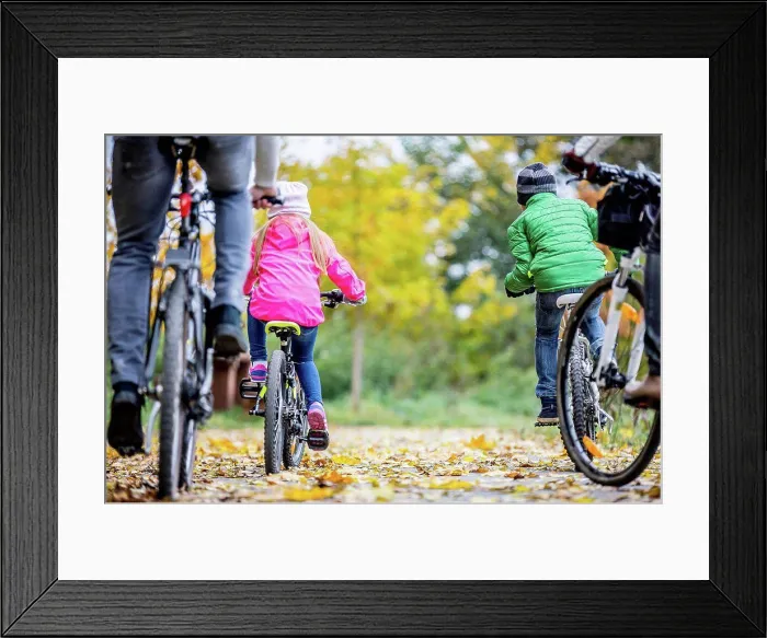 Framed Print : MODEL RELEASED. Rear view of family cycling together in autumn