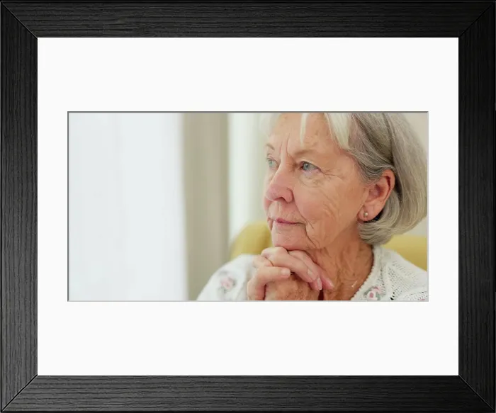 Framed Print : Thinking, anxiety and senior woman with fear Framed Print : Thinking, anxiety and senior woman with fear