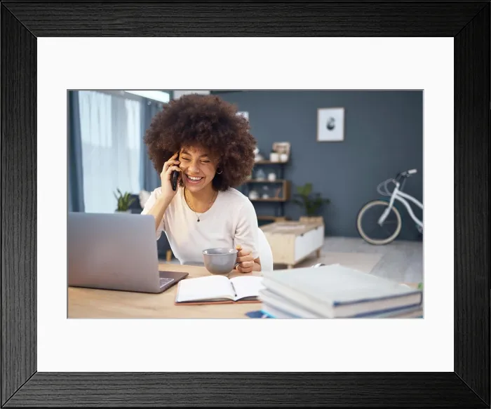 Framed Print : Computer, working black woman and happy phone call or a remote employee with morning coffee